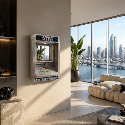 RAKITECHT ATM Mirror wall-mounted in a luxury modern living room with floor-to-ceiling windows overlooking a marina cityscape – brushed silver ATM-style decorative mirror, high-end interior wall art for penthouse apartment home office residential commercial spaces