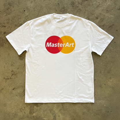 Rakitecht MASTER ART tee in white with bold red and orange MasterArt logo printed on the chest
